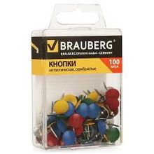 кнопки канцелярские Brauberg, 10мм, 100 шт, металл., цветные 221114