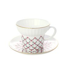 Чашка с блюдцем чайная форма "Волна", рисунок "Розовая сетка", Императорский фарфоровый завод