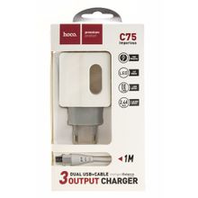 Сетевое зарядное устройство c 2 USB+Type-c HOCO C75, белое