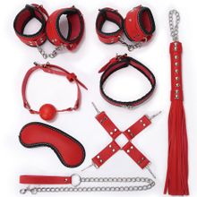 Bior toys Пикантный красно-черный набор БДСМ: маска, ошейник, кляп, фиксатор, наручники, оковы, плеть
