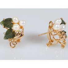 Серьги с жемчугом и нефритом "3 жемчужины 2 листа сердечко"