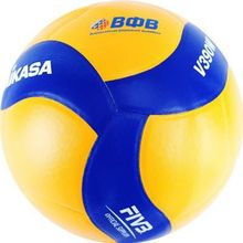 Мяч волейбольный MIKASA V390W, р.5, синт.кожа, FIVB,клееный, бут.кам, желто-синий