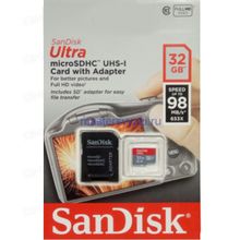 Карта памяти MicroSDHC 32GB Sandisk Class 10 Ultra UHS-I 98 Mb s с адаптером (SDSQUAR-032G-GN6IA)