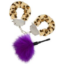 Эротический набор: леопардовые наручники и фиолетовая пуховка (243853)