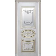 Межкомнатная дверь эмаль белая патина золото, шпон ясень, остекленная, модель Соната. Стекло матовое двустороннее