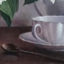 Картина на холсте маслом "Пионы и чайные приборы на столе"