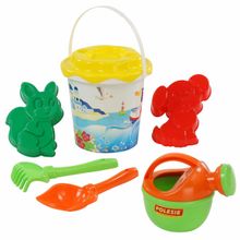 Набор №338: ведро с наклейкой, ситечко Солнышко, лопатка №5, грабельки №5, формочки (белочка + пёсик), лейка малая №4