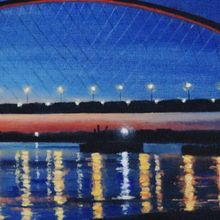 Картина на холсте маслом "Бугринский мост поздним вечером"