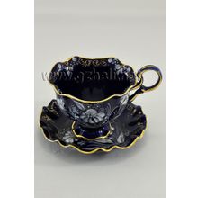 Чайная пара в глухом кобальте "Снежинка". Гжельский фарфор. арт. 1311