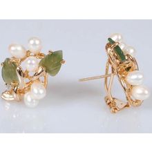 Серьги с жемчугом и нефритом "5 жемчужин 2 листа букет"