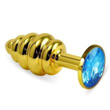 Золотистая пробка с рёбрышками и голубым кристаллом - 7 см. Голубой