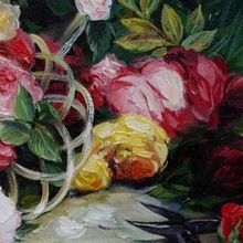 Картина на холсте маслом "Розы в плетеной корзинке"