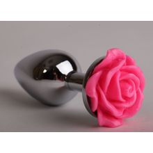 4sexdreaM Серебристая анальная пробка с розовой розочкой - 9,5 см. (розовый)