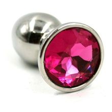 Серебристая малая анальная пробка с ярко-розовым кристаллом - 7 см. (99722)