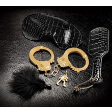 Набор Beginners Fantasy Kit из наручников, пуховки, маски и шлепалки золотистый с черным
