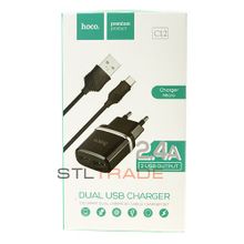 Сетевое зарядное устройствоc 2 USB+micro USB HOCO C12, черное, max 2.4A