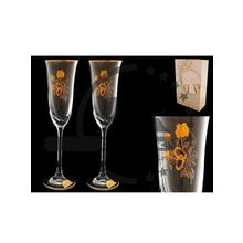 Свадебные бокалы с золотыми розами и обручальными кольцами (Чехия) - набор из 2 шт, (2916 24074 160 ll )GLS130