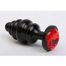 Чёрная ребристая анальная пробка с красным кристаллом - 7,3 см. Красный