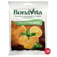 Карамель леденцовая Bona Vita, на травах с витаминами, лимон и мята, 60гр (упаковка 20шт)