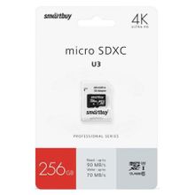 Карта памяти Micro SDXC 256Gb SmartBuy Pro Class 10 U3 90 70 Мб с + адаптер SD (SB256GBSDCL10U3-01)