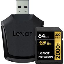 Карта памяти Lexar SDXC 64GB 2000x UHS-II 300МБ с с ридером UHS-II Reader (U3, Class 10)  LSD64GCRBNA2000R