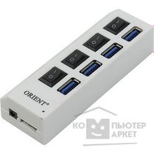 Orient BC-307PS, USB 3.0 HUB 4 Ports, c БП-зарядником 2xUSB 5В, 2.1А , выключатели на каждый порт, белый