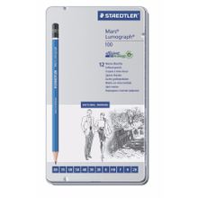 Карандаш чернографитовый Mars Lumograph 100, 12шт (8B,7B,6B,5B,4B,3B,2B,B,HB,F,H) металлическая упаковка