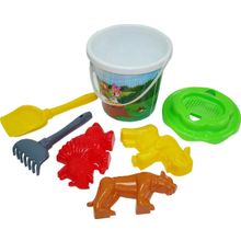 Набор №358: ведро с наклейкой, ситечко Солнышко, лопатка №5, грабельки №5, формочки (тигр + мамонт + динозавр №1)