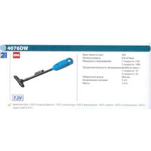 Пылесос аккумуляторный MAKITA 4076DWX (7.2В, 1.3Ач, 2ск, 1.4кг)