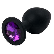 Черная силиконовая анальная пробка с фиолетовым стразом - 8,2 см. Фиолетовый