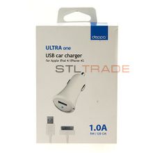 Автомобильное зарядное устройство с USB + кабель для iPhone, iPod 1200mA, белое, Deppa