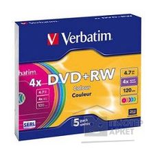 Verbatim Диски DVD+RW 4х, 4.7Gb COLOUR, Slim Case, 5 шт. 43297