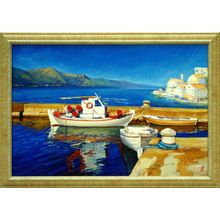 Картина на холсте маслом "Рыбацкий катер на заливе"