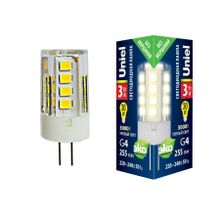 Uniel Лампа светодиодная Uniel G4 3W 3000K прозрачная LED-JC-220 3W 3000K G4 CL GLZ09TR UL-00006742 ID - 235311