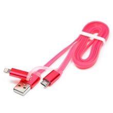 Кабель USB 2.0 Am=>micro B + Lightning - 1.0 м, плоский, розовый, метал, Cablexpert (CC-mAPUSB2pk1m)