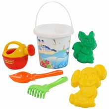 Набор №311: ведро с наклейкой, лопатка №5, грабельки №5, формочки (белочка + пёсик), лейка малая №4