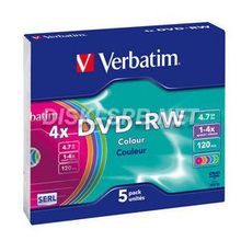 DVD-RW диск 4х VERBATIM 4.7 Гб SlimBox color, 5 дисков