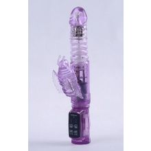 White Label Фиолетовый вибратор с ротацией, функцией Up Down и клиторальной бабочкой - 23,5 см.