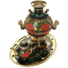 Набор самовар электрический 5 литров с художественной росписью "Хохлома классическая на черном фоне", арт. 151553