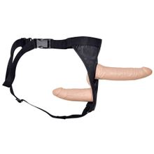 Телесный страпон с вагинальной пробкой Double Dong Strap-On - 19 см. телесный с черным