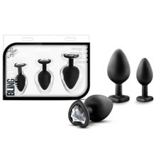 Набор из 3 черных пробок с прозрачным кристаллом-сердечком Bling Plugs Training Kit (222525)
