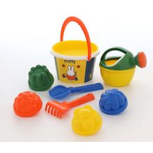 Миффи-6 набор №3: ведро среднее с наклейкой, ситечко, совок №2, грабельки №2, лейка малая №4, формочки 4 шт.