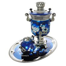 Набор самовар электрический 3 литра "Жостово на синем" с автоматическим отключением при закипании, арт. 130588к