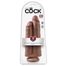 Сдвоенный кофейный фаллоимитатор на присоске 9  Two Cocks One Hole - 25,4 см. кофейный