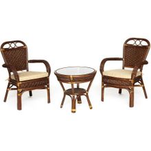 Tetchair Комплект террасный ANDREA (стол кофейный со стеклом + 2 кресла + подушки), Pecan Washed (античн. орех)