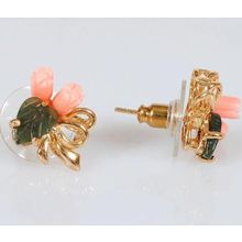 Серьги с кораллом и нефритом "2 розы 1 лист бант"