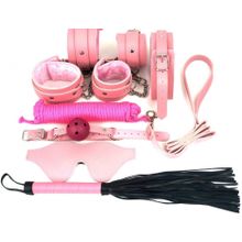 Набор БДСМ в розовом цвете: наручники, поножи, кляп, ошейник с поводком, маска, веревка, плеть (186071)