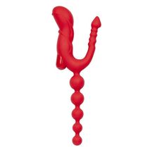 Красный тройной вибростимулятор Triple Devil Butt Plug With Mini Vibe - 28 см.  Красный