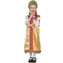Русский народный костюм детский золотистый атласный комплект "Василиса": сарафан и блузка, 1-6 лет