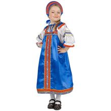 Русский народный костюм детский атласный синий комплект "Василиса": сарафан и блузка, 1-6 лет